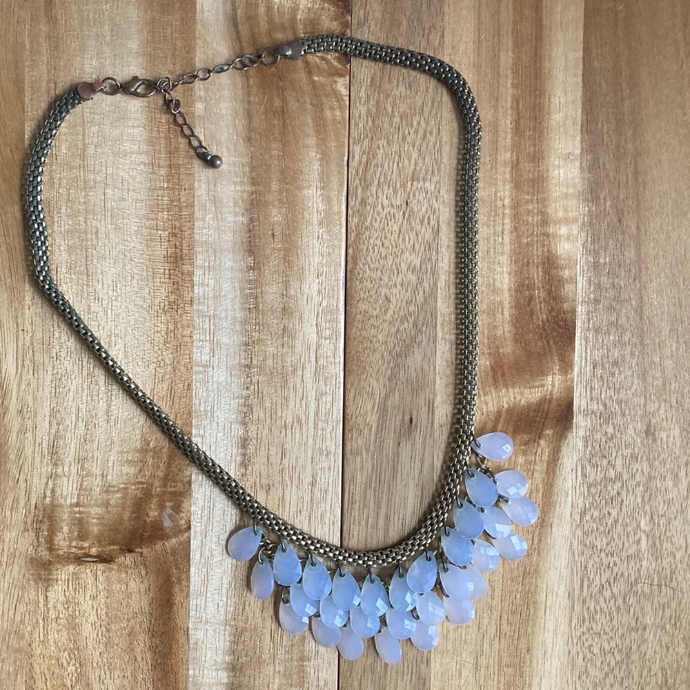 Gorgeous gold tone and pale aqua beaded (faux opal) statement necklace